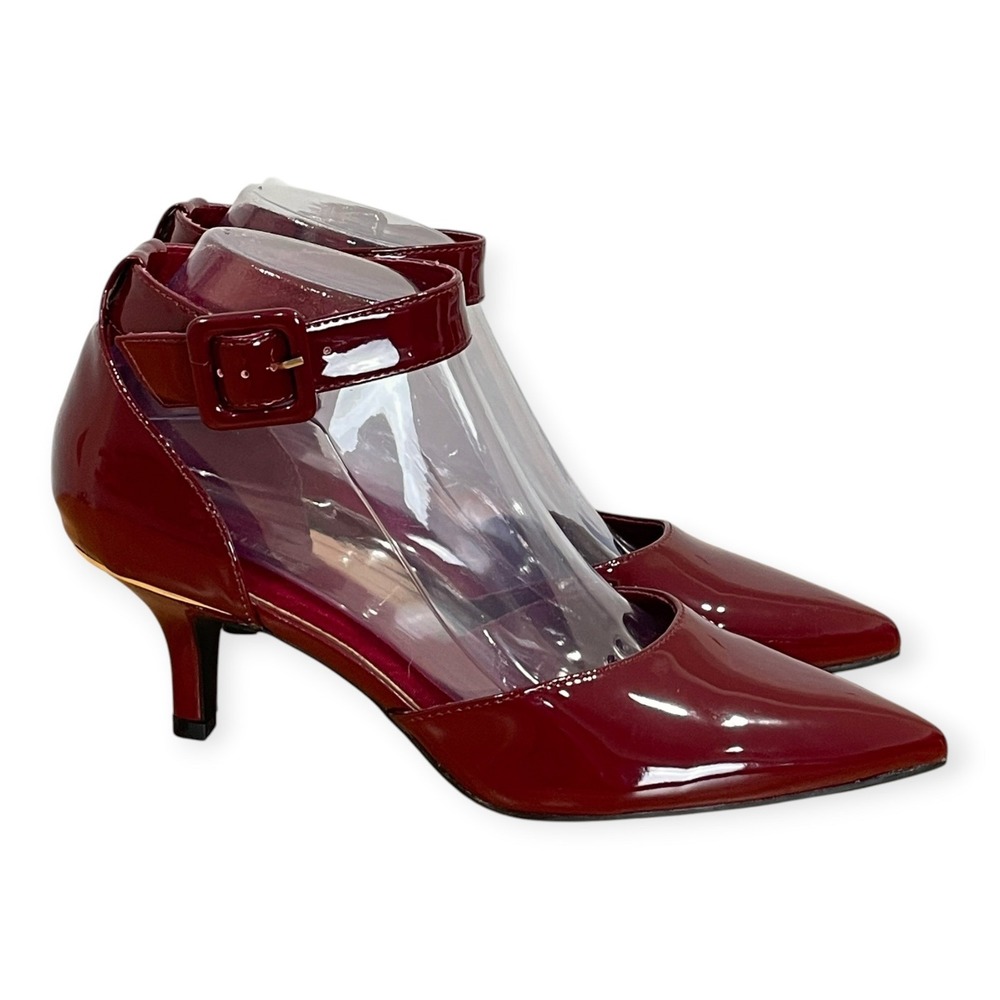 Anne Klein Glossy Burgundy Pointed Toe T-Strap Kitten Heels Women 8.5 Vampy Fall